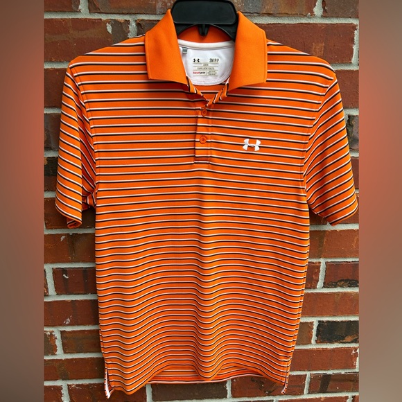 Under Armour Heatgear Loose Fit Short Sleeve Orange Striped Small Polo Shirt - Picture 1 of 6